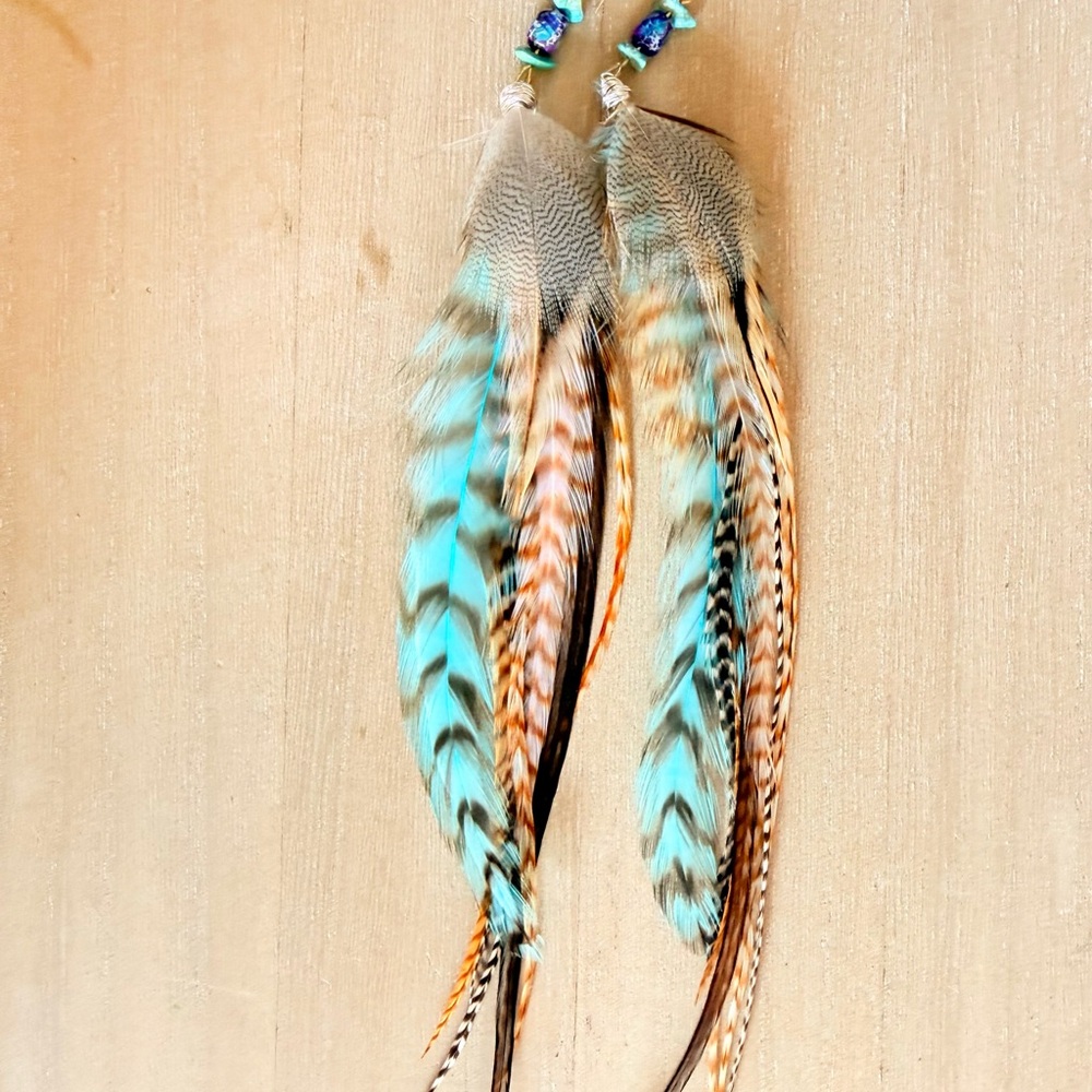 Turquoise Feather Drop Earrings - Boho Feather Dangle
